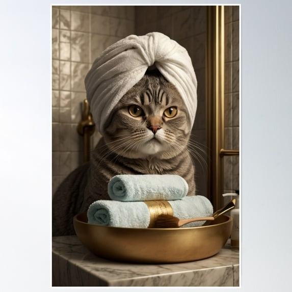 Spa Day Cat With Towel Turban Poster Wall Art, Modern Wall Decor, 24x36 UNFRAMED