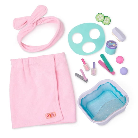 Spa Day Fun Foot Bath & Face Mask Accessory Set for Dolls: Includes Headband, Nail File, Nail Polish