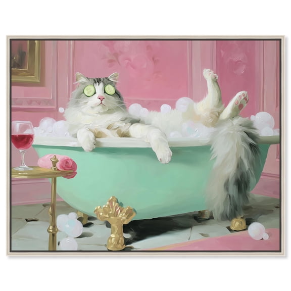 Spa Day for Fluff Canvas Print Cats Art by Art Remedy, Silver Frame, 36 x 30