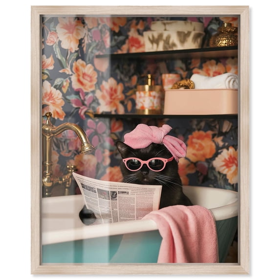 Spa Day for Mittens Shadowbox Print Fun Bathroom Art by Art Remedy, Blonde Frame, 20 x 24
