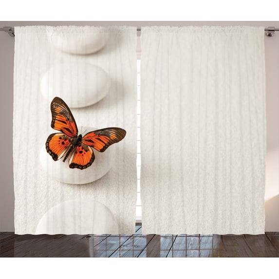Ambesonne Boho Curtains 2 Panel Set, Butterfly Rocks Healing, 108" x 90", White Orange