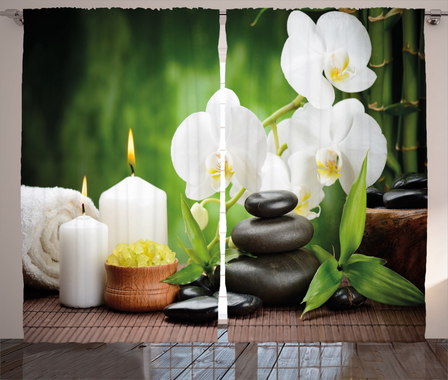 Black and White Polyester Spa Print Light-Filtering Curtain Pair