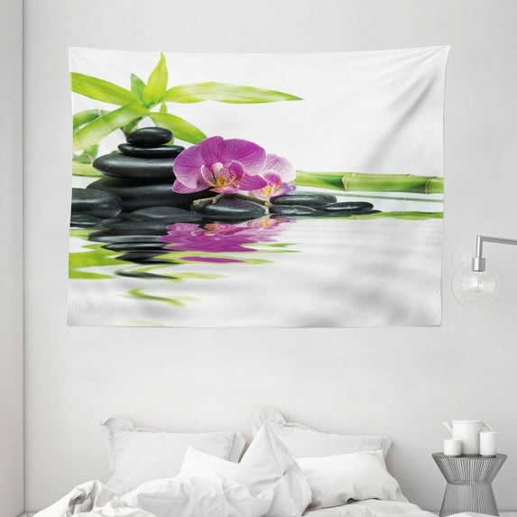Spa Decor Tapestry, Asian Relaxation with Zen Massage Stones Purple Orchid and a Bamboo, Wall Hanging for Bedroom Living Room Dorm Decor, 80W X 60L Inches, Purple Black and Green, by Ambesonne
