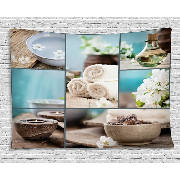Spa Decor Tapestry, Far East Close to Your Heart Asian Massage Theme Collage Oils Candles Flowers, Wall Hanging for Bedroom Living Room Dorm Decor, 80W X 60L Inches, Blue and White, by Ambesonne