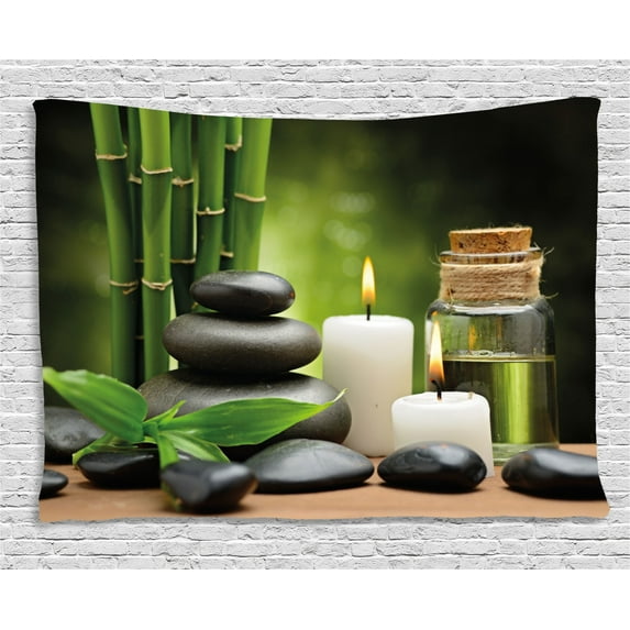 Spa Decor Tapestry, Hot Massage Rocks Combined with Candles and Scents Landscape of Bamboo, Wall Hanging for Bedroom Living Room Dorm Decor, 60W X 40L Inches, Green White and Black, by Ambesonne
