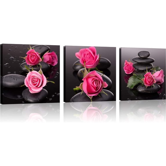 Spa Decor Zen Decor 3 Panel Spa Stone and Rose Flowers Still Life Zen Canvas Print Spa Pictures Prints on Canvas for Home Office Kitchen Wall Decor Stretched and Framed Each Panel 16x16inch
