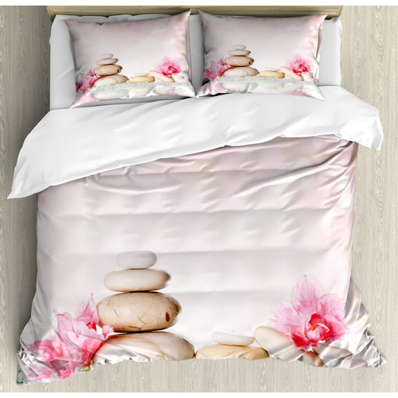 Spa Duvet Cover Set, Bohemian Stones and Soft Petals Therapy Tradition Yoga Picture, Decorative 3 Piece Bedding Set with 2 Pillow Shams, Calking Size, Pale Pink Peach, by Ambesonne