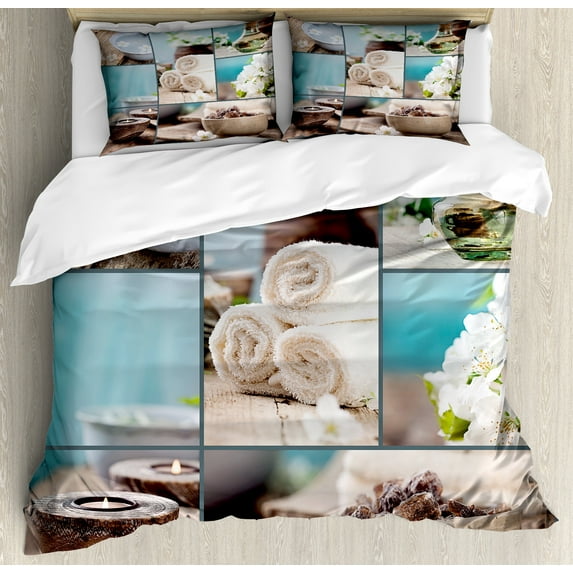Spa Duvet Cover Set, Far East Close to Your Heart Massage Theme Collage Oils Candles Flowers Print, Decorative 3 Piece Bedding Set with 2 Pillow Shams, Queen Size, Blue and White, by Ambesonne