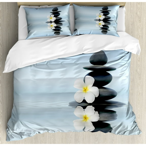 Spa Duvet Cover Set, Hot Massage Stones with Frangipani Plumera Reflection on the Waters, Decorative 3 Piece Bedding Set with 2 Pillow Shams, Queen Size, Pale Blue and Grey, by Ambesonne