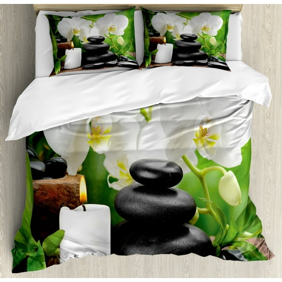 Spa Duvet Cover Set, Hot Massage Stones with Orchid Candles and Magnificent Nature Remedies, Decorative 3 Piece Bedding Set with 2 Pillow Shams, King Size, Black White and Green, by Ambesonne