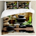 thumbnail image 1 of Spa Duvet Cover Set, Massage Stone Triplets Herbal Oil and Scent Candles Print, Decorative 3 Piece Bedding Set with 2 Pillow Shams, King Size, Black Brown and White, by Ambesonne, 1 of 3