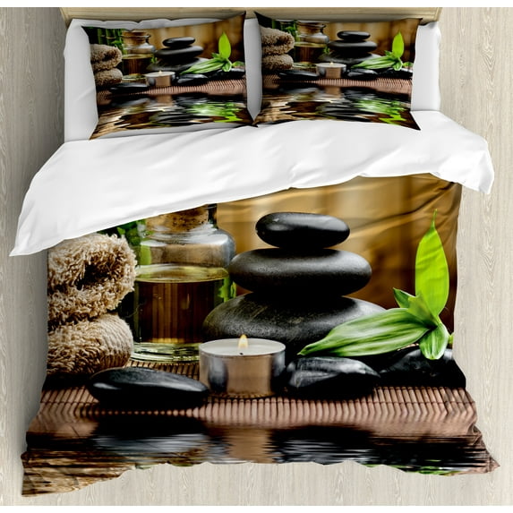 Spa Duvet Cover Set, Massage Stone Triplets Herbal Oil and Scent Candles Print, Decorative 3 Piece Bedding Set with 2 Pillow Shams, Queen Size, Black Brown and White, by Ambesonne