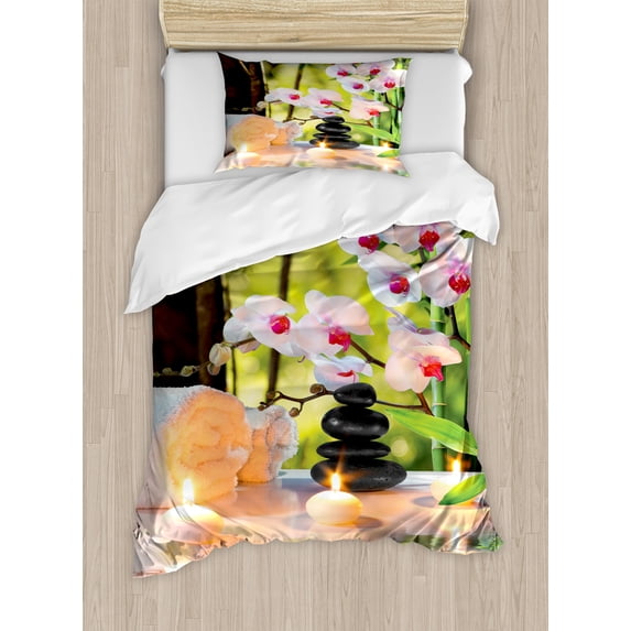 Spa Duvet Cover Set, Massage Theme Candles Orchids and Stones in Garden Japanese Oriental, Decorative 2 Piece Bedding Set with 1 Pillow Shams, Twin Size, Pale Green Fuchsia, by Ambesonne