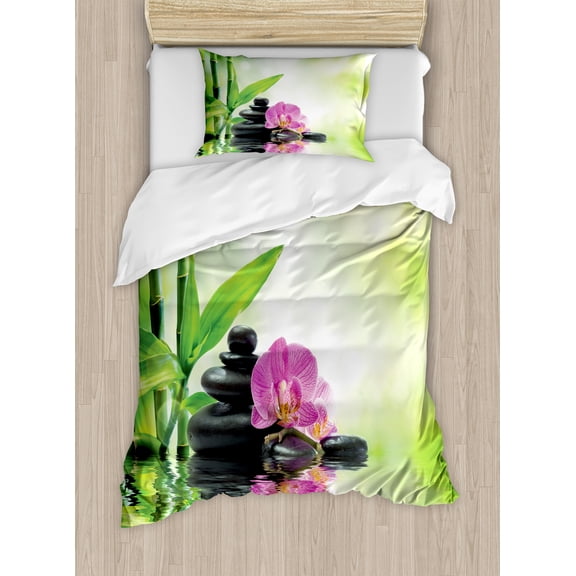 Spa Duvet Cover Set, Orchid Flowers and Rocks in the Mineral Spring Water with Sunshine Image, Decorative 2 Piece Bedding Set with 1 Pillow Shams, Twin Size, Green Pink, by Ambesonne