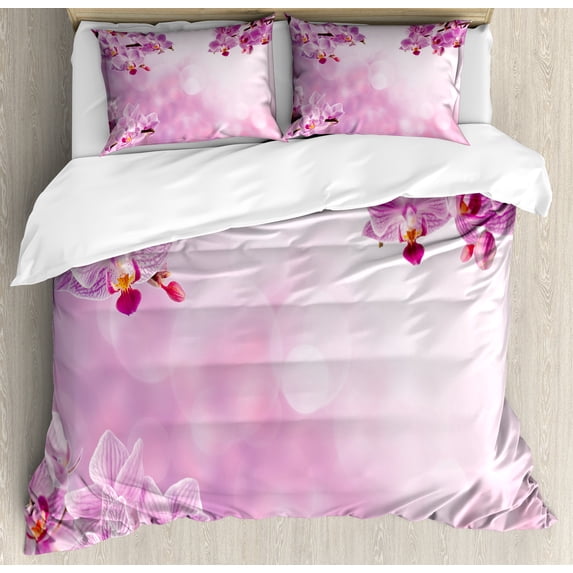 Spa Duvet Cover Set, Orchid Petals in Monochrome Design Bouquet Spring Bloom ling Growth Peaceful Nature Print, Decorative 3 Piece Bedding Set with 2 Pillow Shams, Queen Size, Pink, by Ambesonne