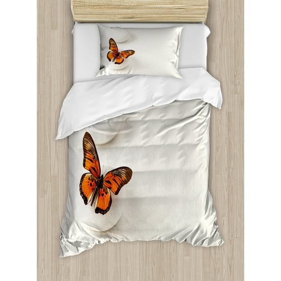 Spa Duvet Cover Set, Plain Pattern with Butterfly and Rocks Wellness Purity Healing Serenity Bohemian, Decorative 2 Piece Bedding Set with 1 Pillow Shams, Twin Size, White Orange, by Ambesonne