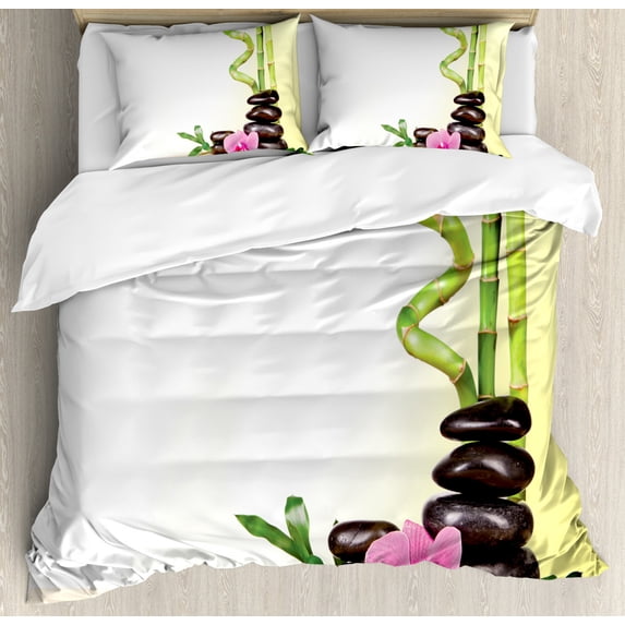 Spa Duvet Cover Set Queen Size, Calm Life Theme with Relax Symbol Bamboo Sprouts and Rocks Asian Meditative Zen Concept, Decorative 3 Piece Bedding Set with 2 Pillow Shams, Multicolor, by Ambesonne