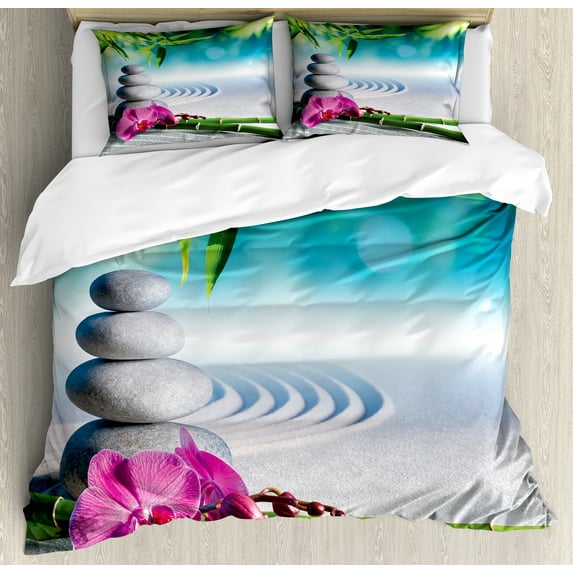 Spa Duvet Cover Set, Sand Orchid and Massage Stones in Garden Sunny Day Yoga, Decorative 3 Piece Bedding Set with 2 Pillow Shams, King Size, Blue Fern Green Fuchsia, by Ambesonne