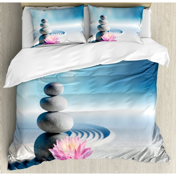 Spa Duvet Cover Set, Stones and Lotus Flower over Sand Harmony Balance Flourish Your, Decorative 3 Piece Bedding Set with 2 Pillow Shams, Queen Size, Grey Blue Pink, by Ambesonne