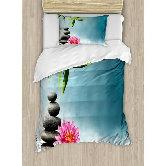 Spa Duvet Cover Set, Theme Lily Lotus Flower and Rocks Yoga Style Purifying Your Soul Theme, Decorative 2 Piece Bedding Set with 1 Pillow Shams, Twin Size, Blue Pink Green, by Ambesonne