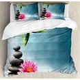 thumbnail image 1 of Spa Duvet Cover Set, Theme Lily Lotus Flower and Rocks Yoga Style Purifying Your Soul Theme, Decorative 3 Piece Bedding Set with 2 Pillow Shams, Queen Size, Blue Pink Green, by Ambesonne, 1 of 3