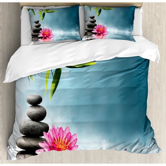Spa Duvet Cover Set, Theme Lily Lotus Flower and Rocks Yoga Style Purifying Your Soul Theme, Decorative 3 Piece Bedding Set with 2 Pillow Shams, Queen Size, Blue Pink Green, by Ambesonne