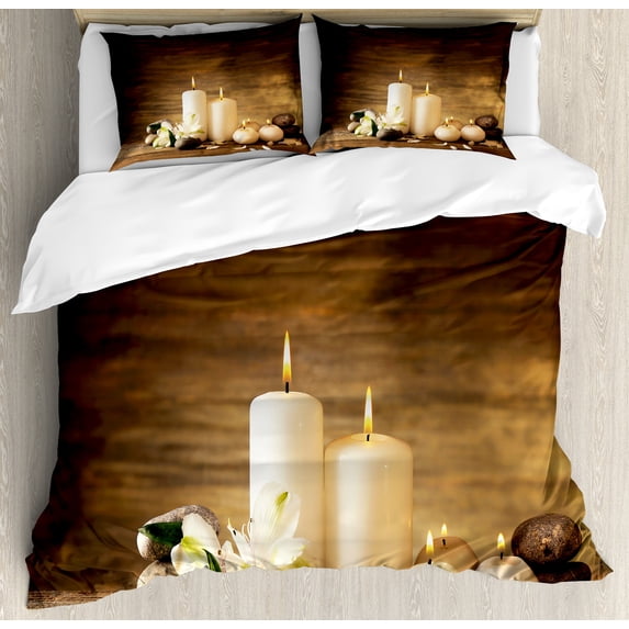 Spa Duvet Cover Set, Winter Valentines Day Couples Themed Candle Flowers and Stones Image Print, Decorative 3 Piece Bedding Set with 2 Pillow Shams, Calking Size, White Black and Brown, by Ambesonne