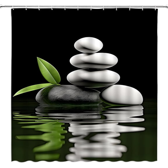 Spa Extra Long Shower Curtain, Water Stone Leaf Garden Japanese Asian Nature Black White Green Bathroom Home Curtain Decor with Hooks,70" Wx84 H