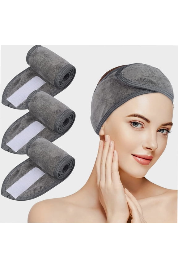 Spa Facial Headband Adjustable Towel Headband Make Up Wrap Head Band for Face Washing, Shower, Yoga Sports 3 Pack Gray
