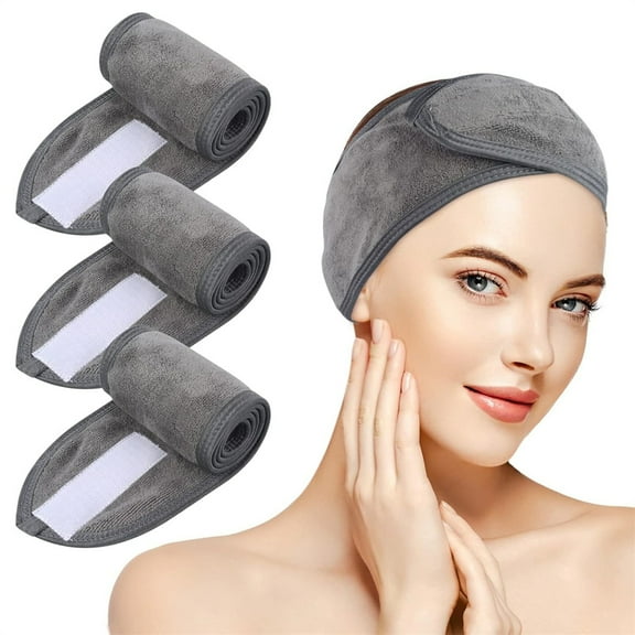 Spa Facial Headband Head Wrap,Ultra Soft Towel Stretch Headband,Adjustable Facial Headband with Fixing Tape,Terry Cloth Makeup Hair Band,for Face Washing Bath Sports 3 Pack Gray