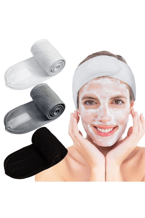 Spa Facial Headband Make Up Wrap Head Terry Cloth Headband Adjustable Towel for Face Washing,Shower, 3 Pieces (White, Black, Gray)