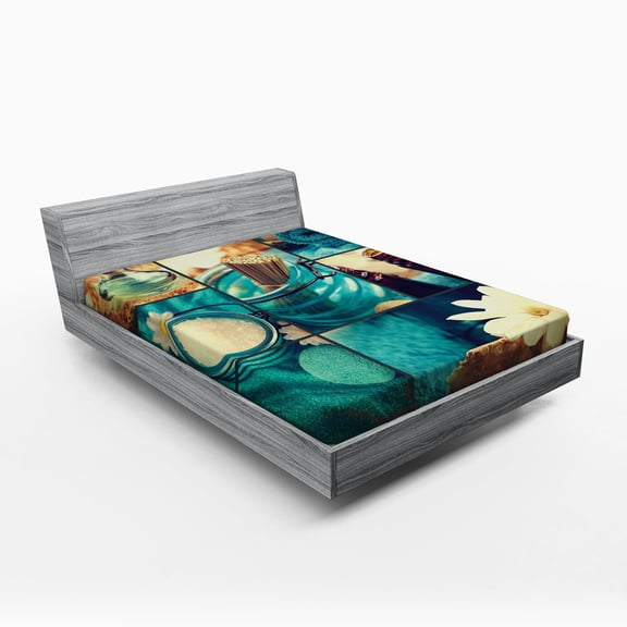 Spa Fitted Sheet, Blue Themed White Daisies Scents Towels and Incense Artwork Collage Design, Soft Decorative Fabric Bedding, Full Size, Blue Brown and White, by Ambesonne