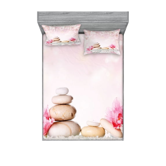 Spa Fitted Sheet & Pillow Sham Set, Bohemian Stones and Soft Petals Therapy Tradition Yoga Picture, Decorative Printed 6 Piece Bedding Decor Set, Full, Pale Pink Peach, by Ambesonne