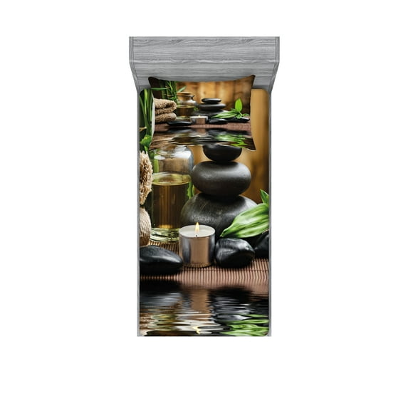 Spa Fitted Sheet & Pillow Sham Set, Massage Stone Triplets Herbal Oil and Scent Candles Print, Decorative Printed 4 Piece Bedding Decor Set, Twin, Black Brown and White, by Ambesonne