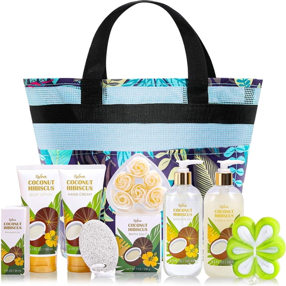 Spa Gift Basket for Women,  10 Pcs Coconut Scent Bath Gift Set, Christmas Holiday Bath and Body Set