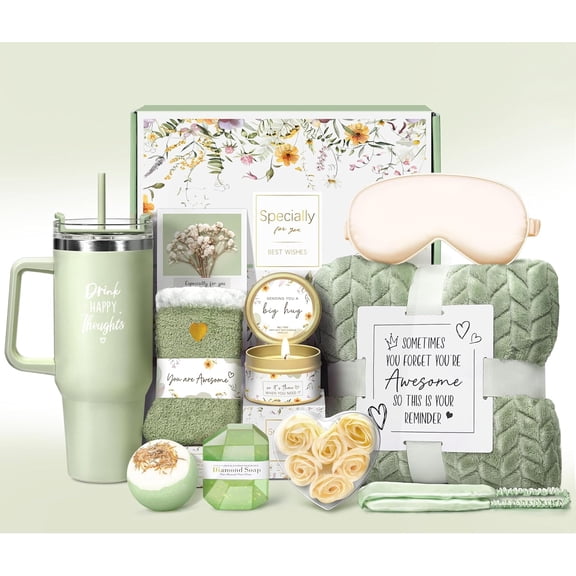 Spa Gift Basket for Women, Vanilla Self Care Set With Flannel Blanket and 40 Oz Tumbler, Get Well Soon Birthday Gift for Mom Wife Sister, Pink