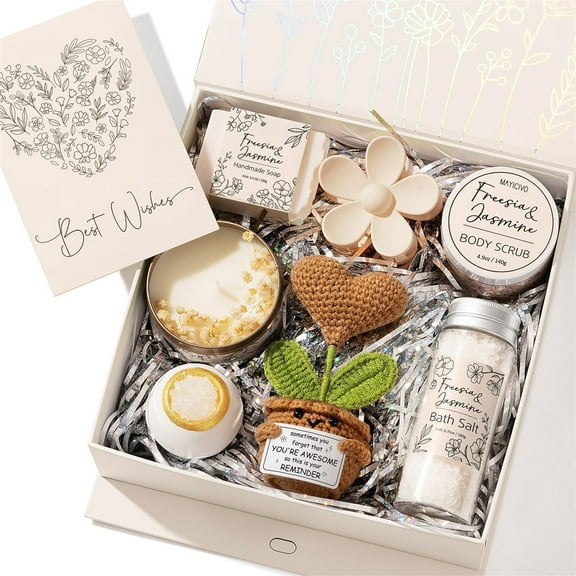 Spa Gift Baskets for Women, Freesia & Jasmine Relaxing Spa Bath Gifts Sets Home Self Care Kit Care Package Thank You Christmas Birthday Gifts for Mom Wife Friends Sisters Her