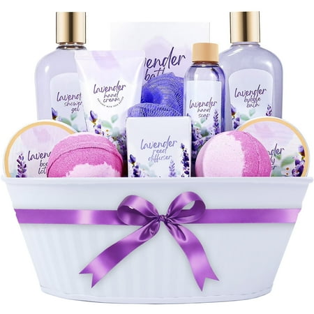 Gift Baskets for Women, 12pcs Lavender Relaxing Home SPA Bath Sets - Luxury Mothers Day Gifts for Mom, Unique Self Care Kits for Her