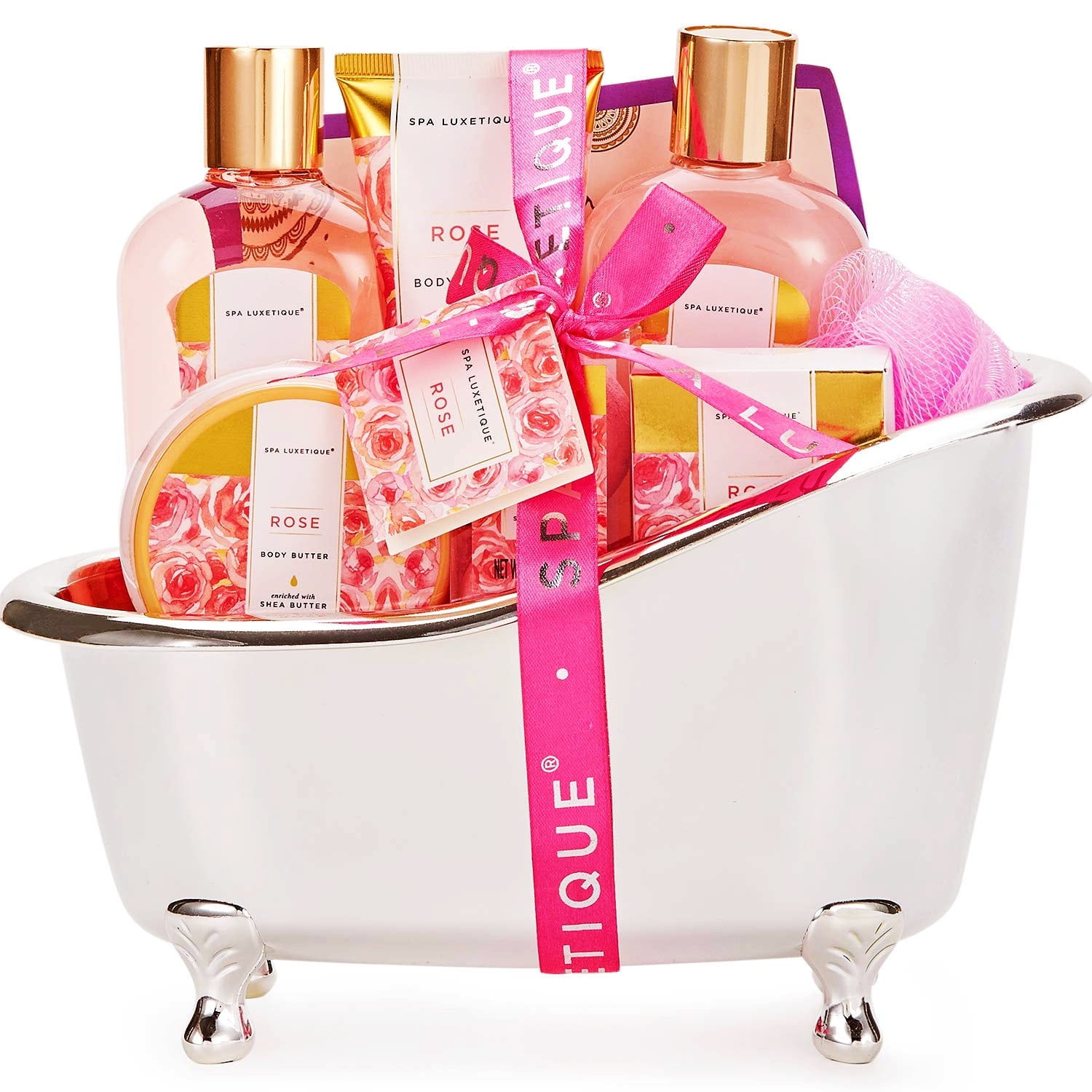 SPA LUXETIQUE Spa Gift Baskets for Women - 9 Pcs Rose Bath Gift Kits, Christmas Birthday Holiday Beauty Body Care Gift Sets for Her