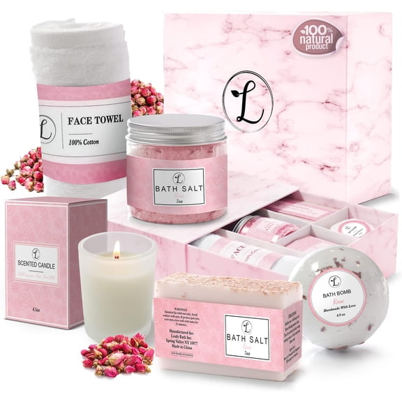 Spa Gift Set 100% Natural, Gift Box Includes: Bath Bomb, Bath Salt, Hand Soap, Scented Candle, Face Cloth and Gift Box. Best Gift for Her! (Rose)