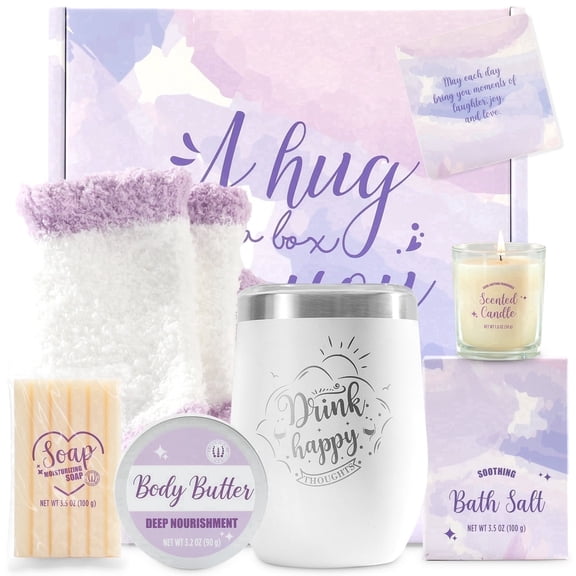 Spa Gift Sets for Women, 9 Pcs Lavender Bath Set Relaxing Birthday Mothers Day Gifts Baskets for Mom with Stainless Steel Tumbler