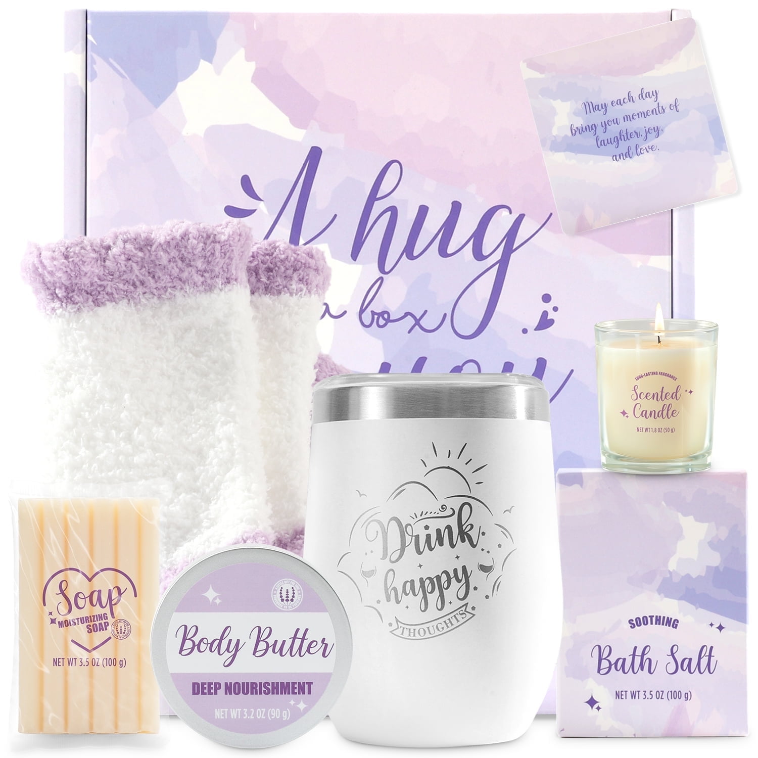 Spa Gift Sets for Women, 9 Pcs Lavender Bath Set Relaxing Birthday Gifts with Stainless Steel Tumbler