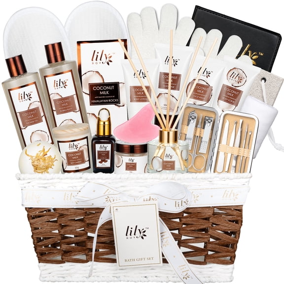 Spa Gifts Set for Women - 28-Piece Luxury Coconut Bath and Body Gift Basket Set for Christmas Gifts, Spa Gift Baskets Set | Self Care Mothers Day Birthday Gift Sets for Her, Bridal Shower