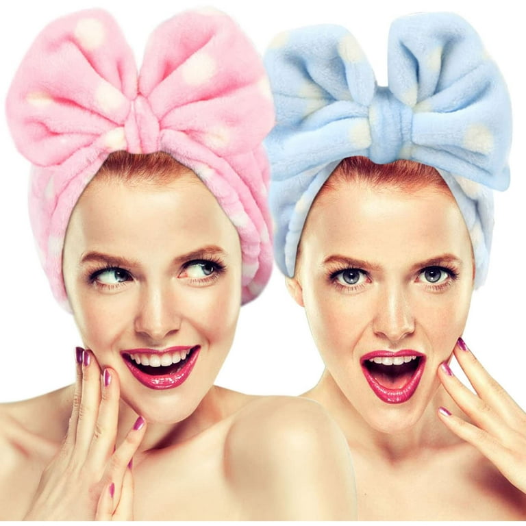 Spa Headband – 2 Pack Bowknot Hair Bands Makeup Head band Women Coral Fleece  Elastic Headband Washing Face Hair Wrap For Facial Cosmetic Shower Yoga  Sports (Light Blue/Pink) 