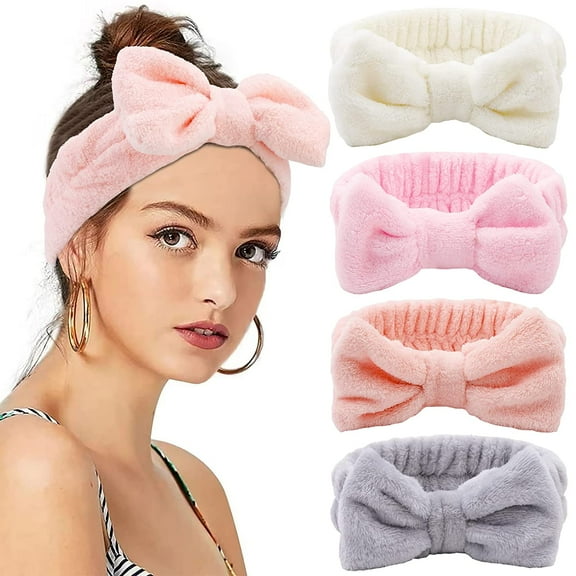 Spa Headband 4 Pack Super Soft Microfiber Makeup Headband for Women Girls Elastic Bow Hair Band Face Washing Headband for Shower Skincare
