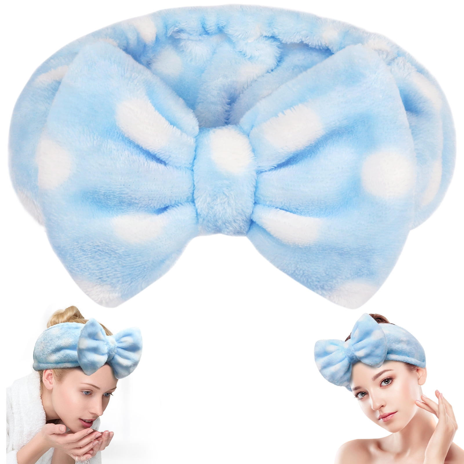 Spa Headband Bowknot Elastic Hair Band For Women Makeup Face Washing Light Blue Polka Dots