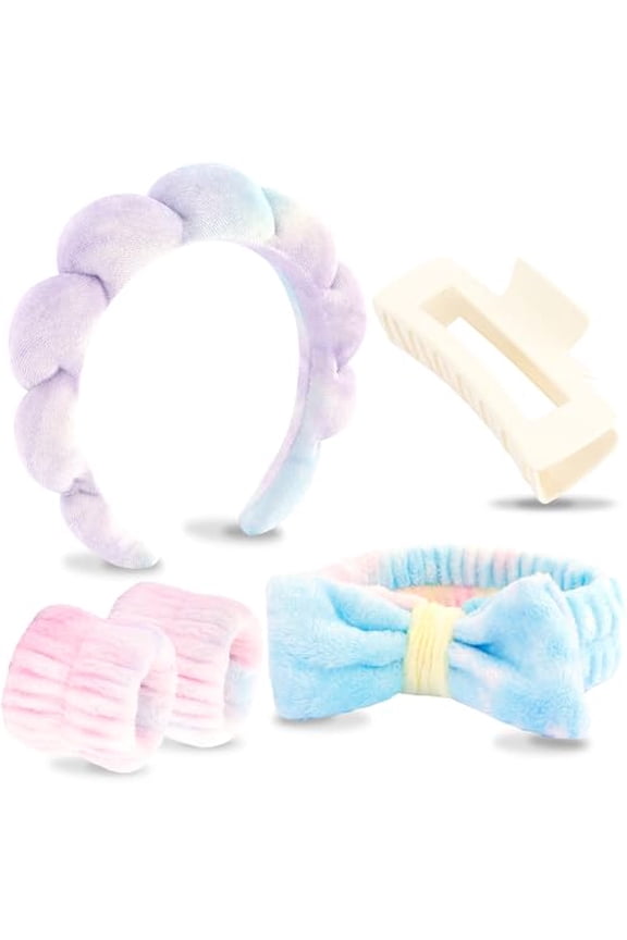 Spa Headband, Makeup Face Wash Skincare Headbands, 5 Pcs Light Colorful Sponge Bow Tie Get Ready HairBand Facial Wristband Hair Clips Set, Stuff for Teen Girls Women Trendy Hair Accessories
