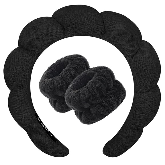 3-Piece Spa Headband and Wristband Set for Washing Face, Soft Plush Microfiber Skincare Headband with Matching Wrist Towels, Black