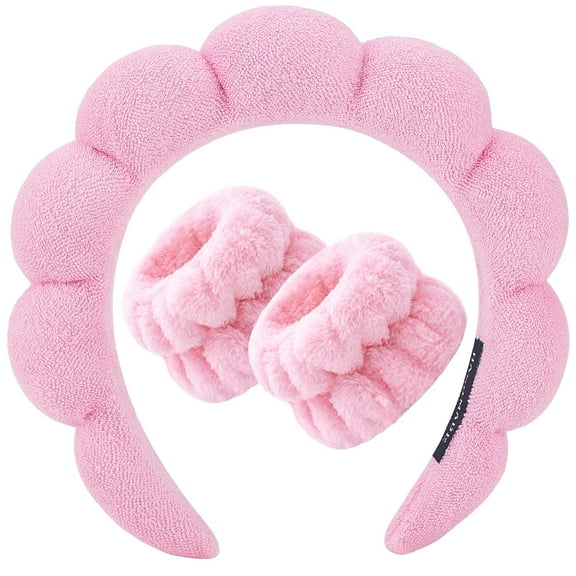Spa Headband for Washing Face Wristband Sponge Makeup Skincare Headband Terry Cloth Bubble Soft Get Ready Hairband for Women Girl Puffy Padded Headwear Non Slip Thick Hair Accessory(Pink)