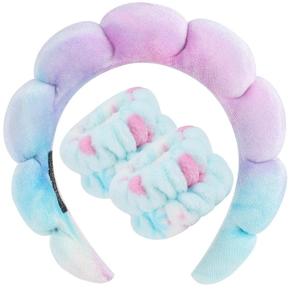 Spa Headband for Washing Face Wristband Sponge Makeup Skincare Headband Terry Cloth Bubble Soft Get Ready Hairband for Women Girl Puffy Padded Headwear Non Slip Thick Hair Accessory(Pink)